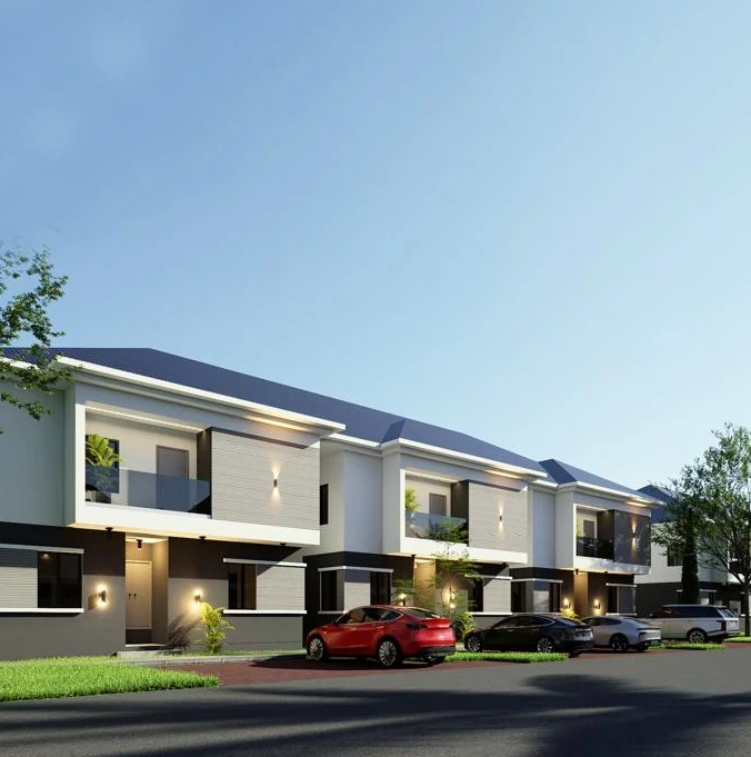 Architectural rendering of terraces at Eden Gardens, with pale façades and dark roofs.