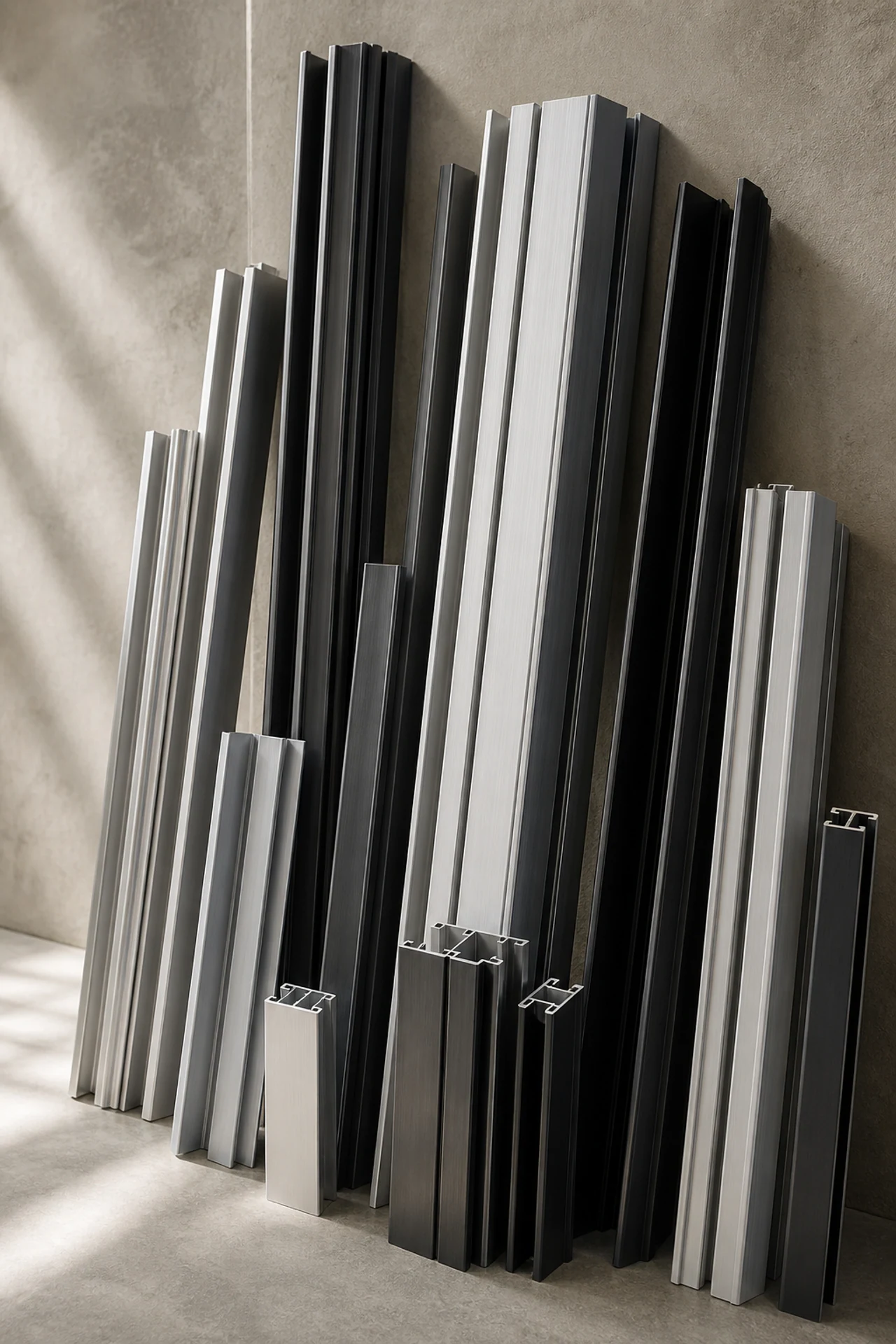 AI-generated illustration of silver, graphite and black aluminium profiles.